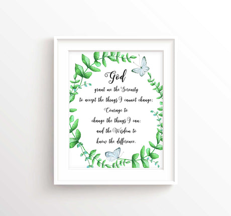 White Background Serenity Prayer Print surrounded by leaf wreath and blue butterflies Serenity prayer quote art for home office decoration