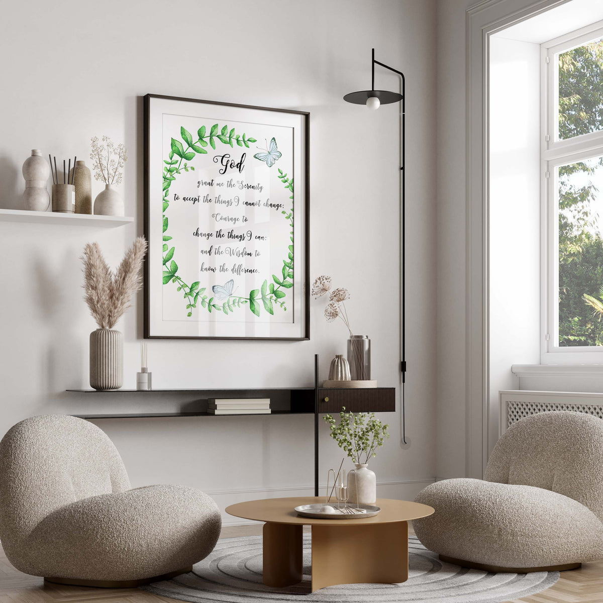 Serenity Prayer Surrounding Butterfly, Serenity Prayer Encircled by Greenery, Serenity Prayer Art for Peaceful Decor