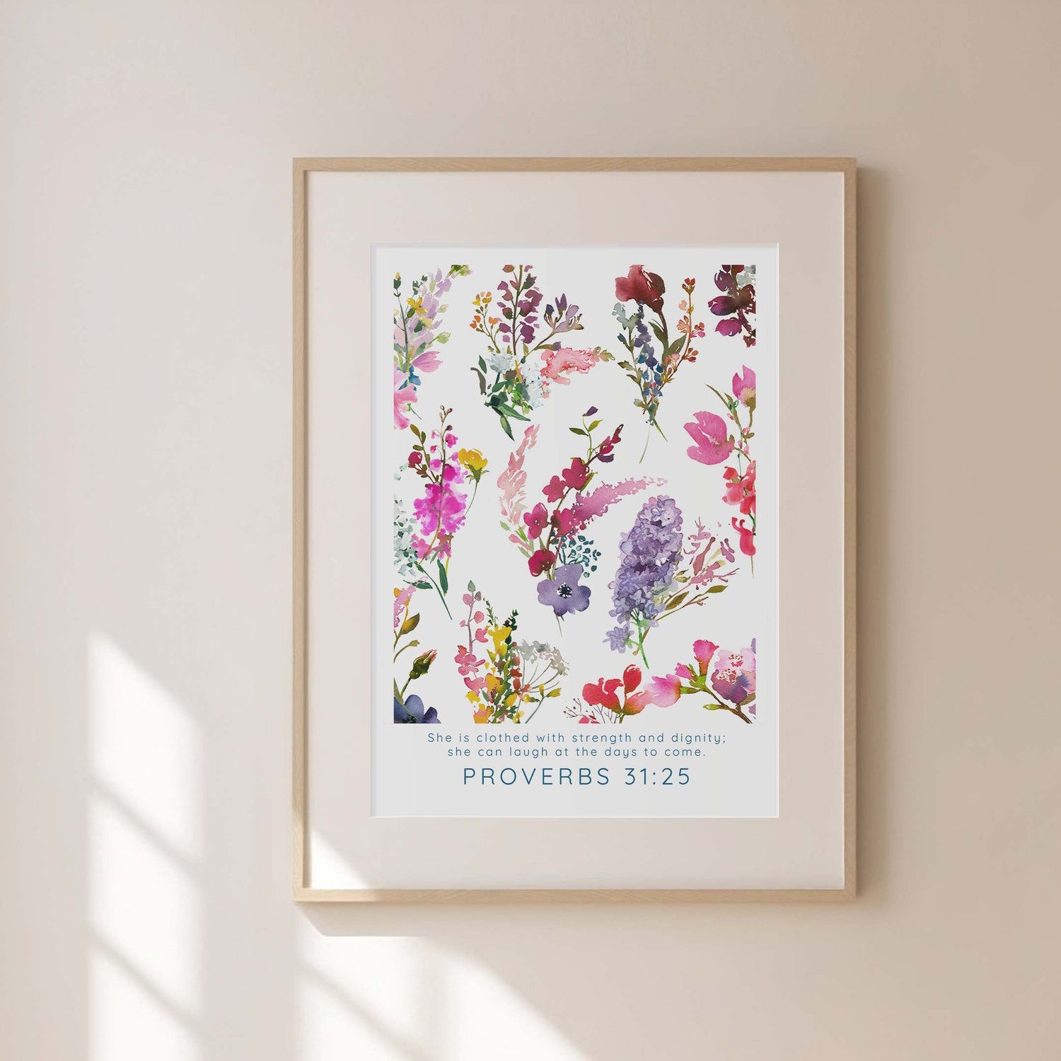Botanical theme Proverbs 31 25 print, Christian wall art with floral details, Elegant floral scripture verse decor
