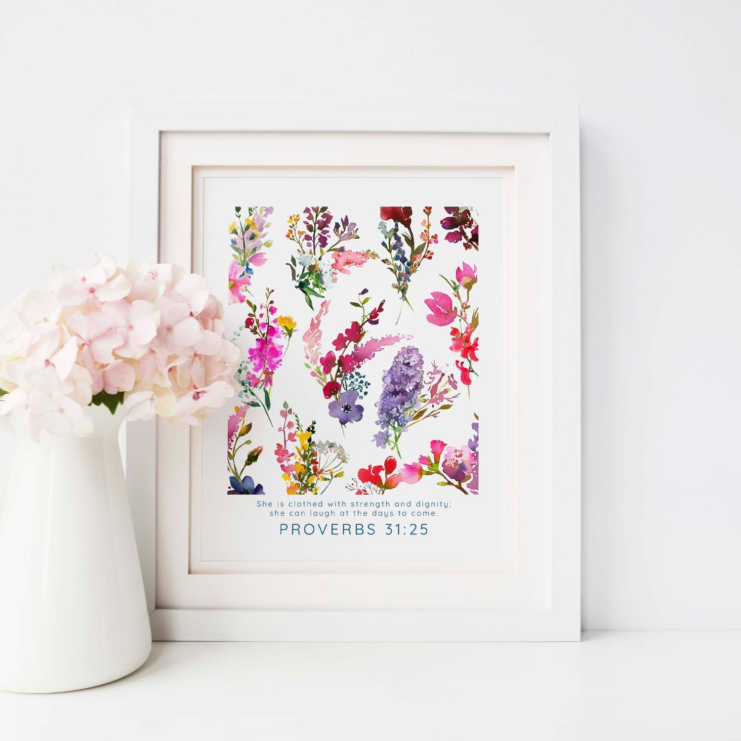 Floral accent print "She can laugh at the days", Graceful floral theme Bible verse poster, Inspirational artwork for strong women