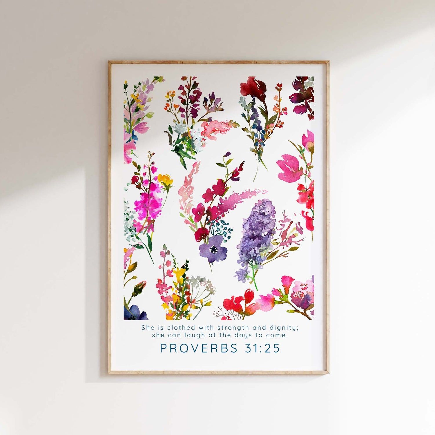 Proverbs 31:25 Floral Bible Verse Print, Modern Christian Home Decor, contemporary Inspirational floral Bible verse print