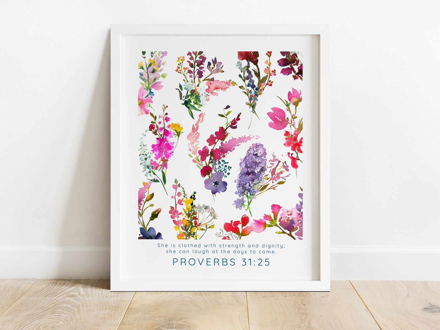 Proverbs 31:25 wall art with flowers, Floral scripture art for strength and dignity, Christian wall decor with laughter and faith