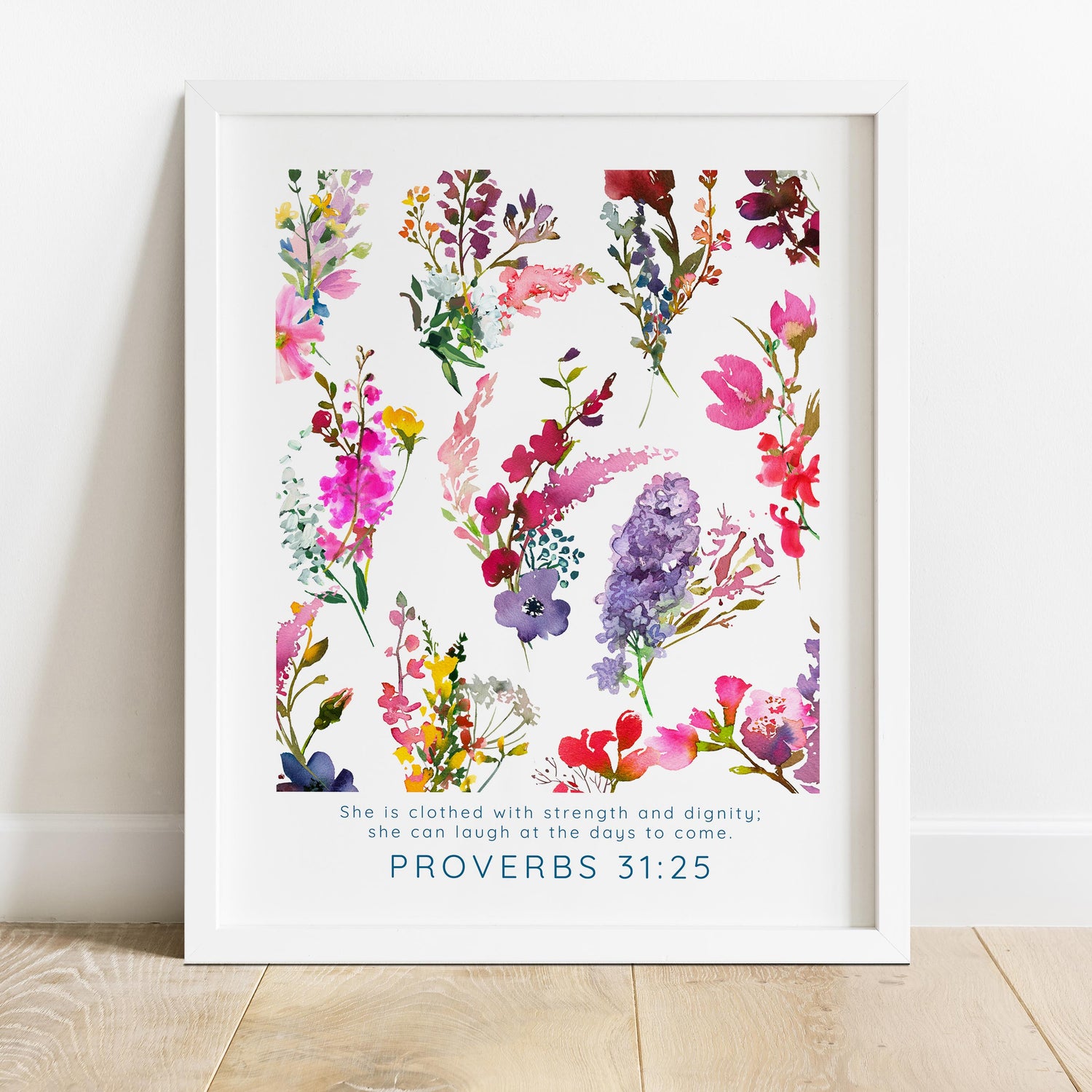 Proverbs 31:25 wall art with flowers, Floral scripture art for strength and dignity, Christian wall decor with laughter and faith