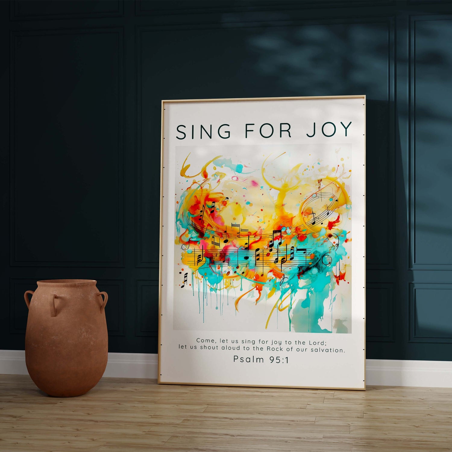 Inspirational Christian art for a joyful living space, Contemporary scripture wall decor with music elements, Christian wall art