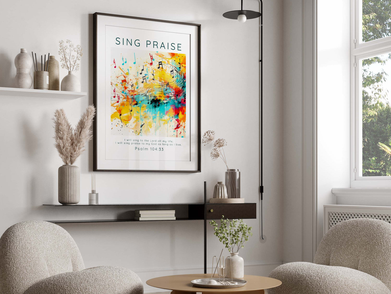 Abstract music motif Psalm 104:33 home print, Inspirational scripture artwork for modern homes, Wall decor for singing praise