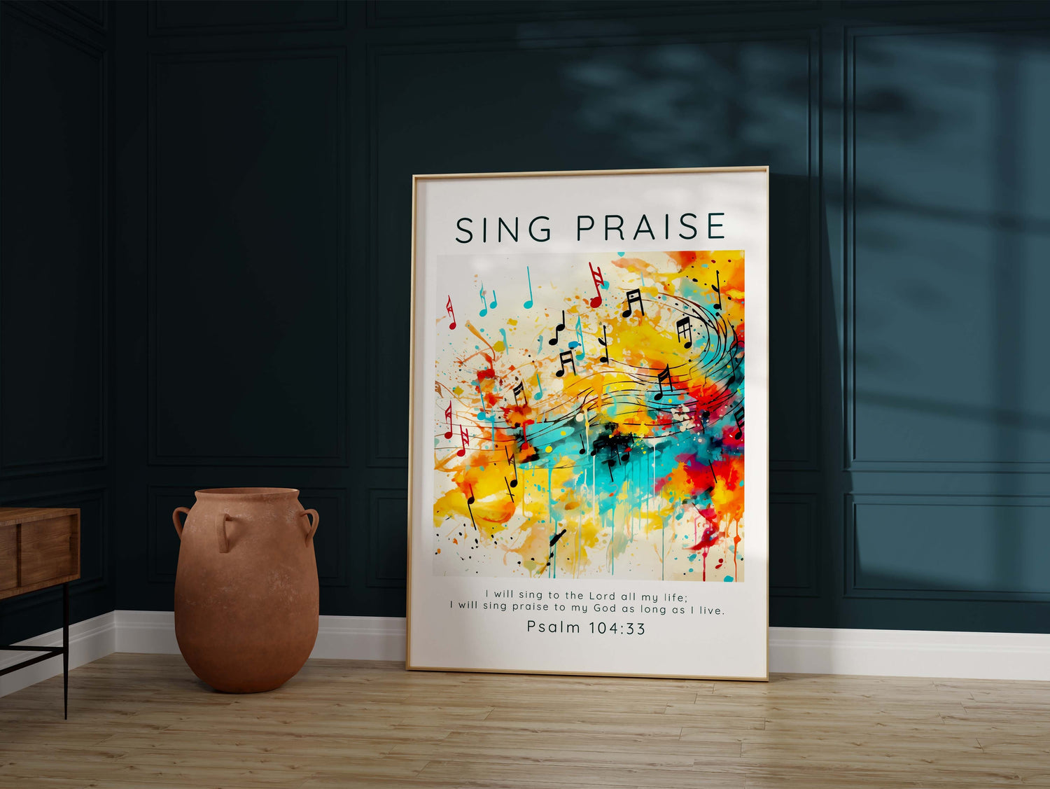 Sing praise scripture print with abstract music motif, Contemporary Christian decor with Psalm 104:33, Melodic theme Bible verse wall art