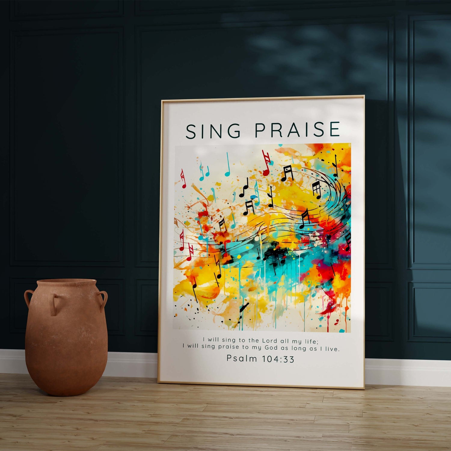 Sing praise scripture print with abstract music motif, Contemporary Christian decor with Psalm 104:33, Melodic theme Bible verse wall art