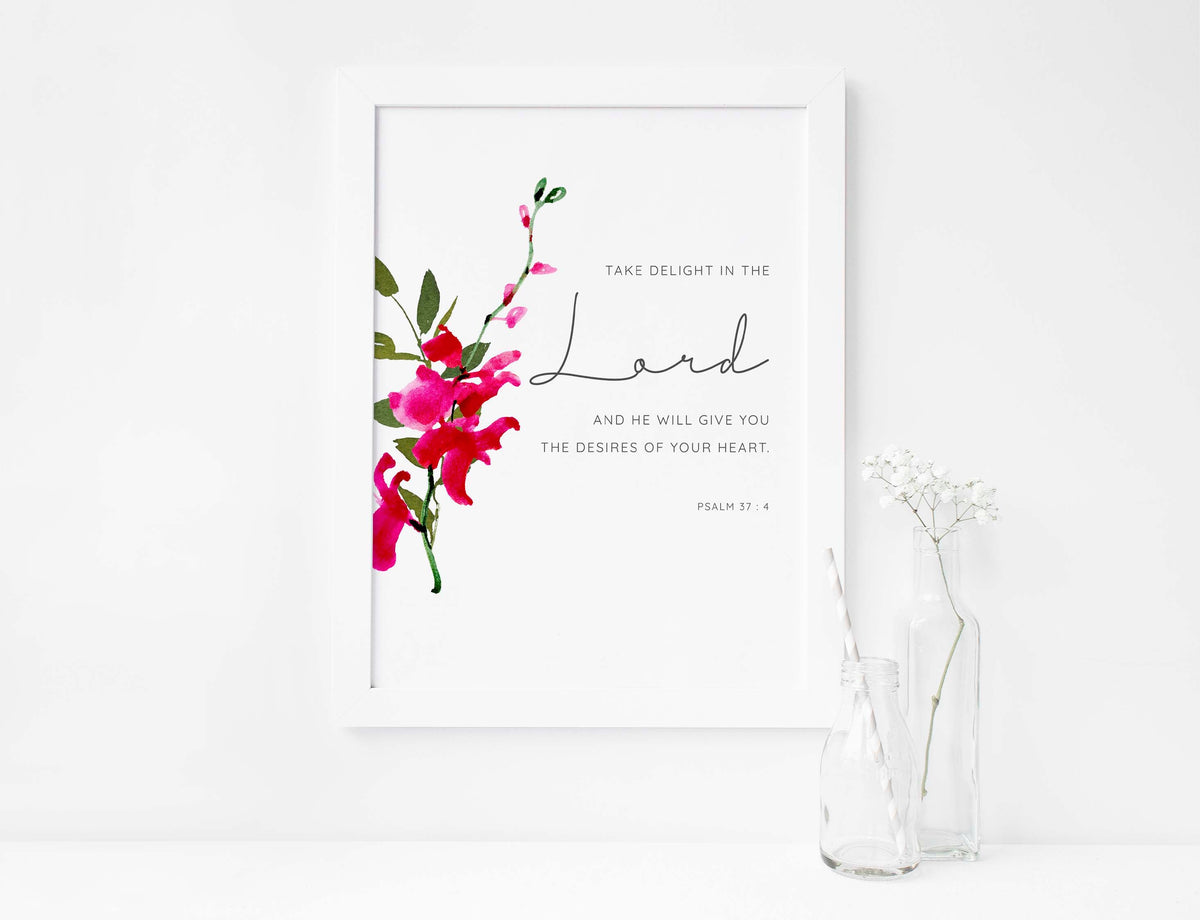 Psalm 37 4 Biblical Wall Art, Take Delight in the Lord Print, Modern Christian Art Scripture Watercolor Gift, modern bible art