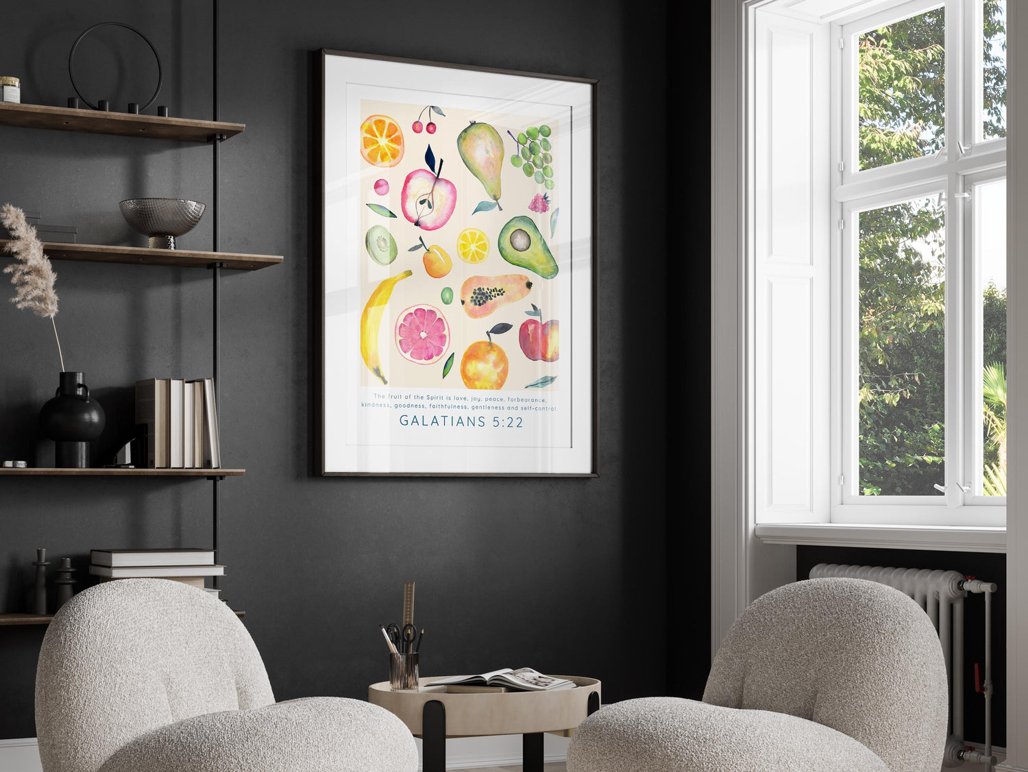 Fruit of the Spirit Bible Verse Print Modern Scripture Wall Art Gift, Galatians 5:22-23 watercolour fruit scripture print