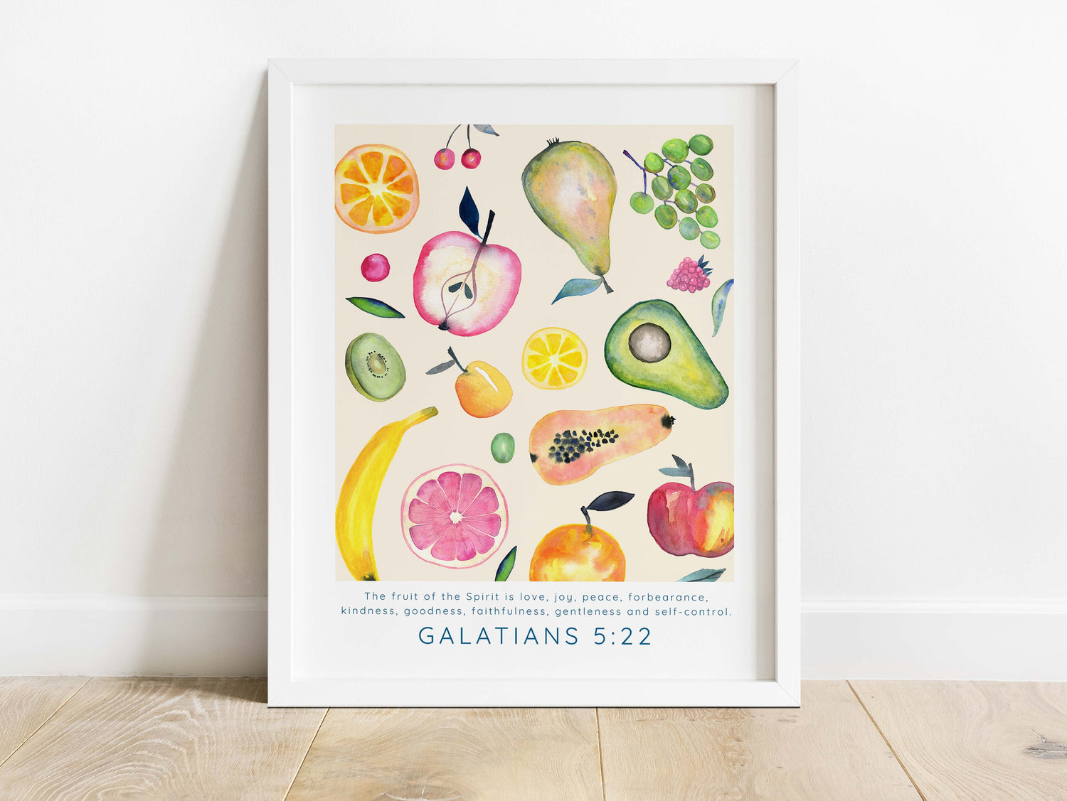 Modern Watercolour Christian Quotes Art, Galatians 5:22 Watercolour Bible Quote Print, Nature-Inspired Fruit Themed Scripture Art