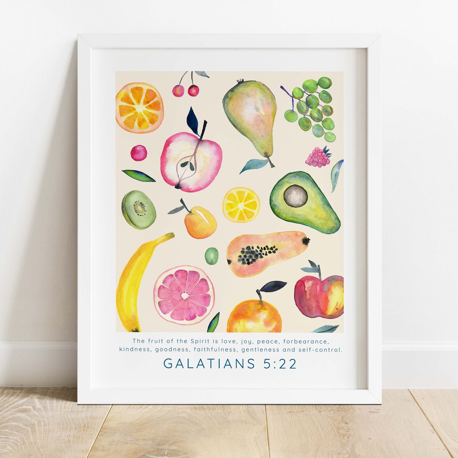 Modern Watercolour Christian Quotes Art, Galatians 5:22 Watercolour Bible Quote Print, Nature-Inspired Fruit Themed Scripture Art