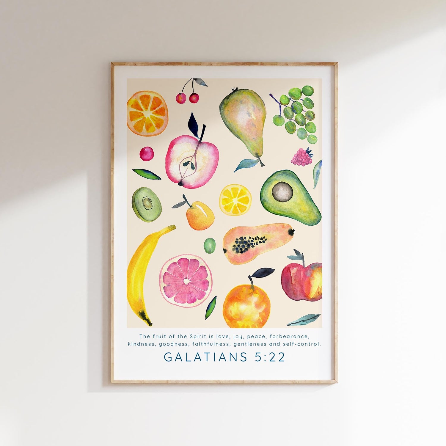 Love, Joy, Peace Watercolour Bible Verse Print, Watercolor Fruit and Faith Wall Art Galatians 5:22, Nursery Bible Wall Decor