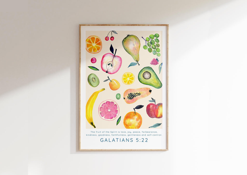 Love, Joy, Peace Watercolour Bible Verse Print, Watercolor Fruit and Faith Wall Art Galatians 5:22, Nursery Bible Wall Decor