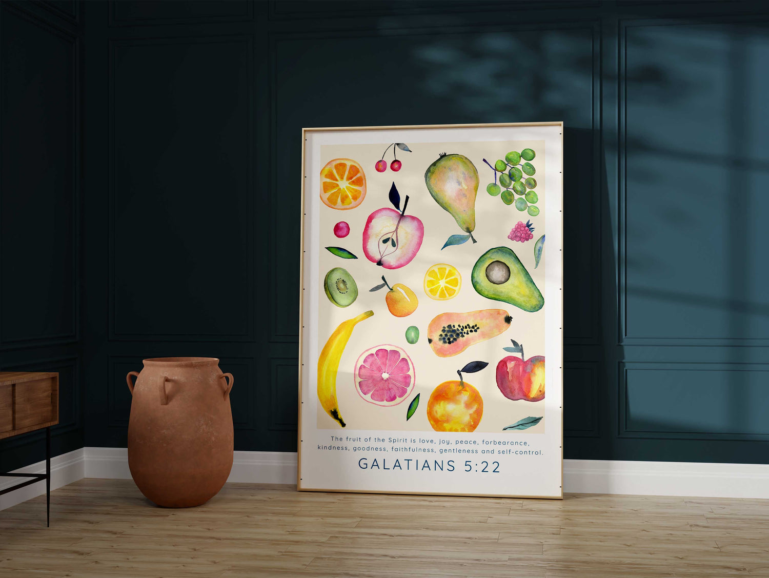 Fruit of the Spirit Nursery Bible Wall Decor, Watercolor Fruits of the Spirit Poster Print, Galatians 5:22 wall art for kitchen