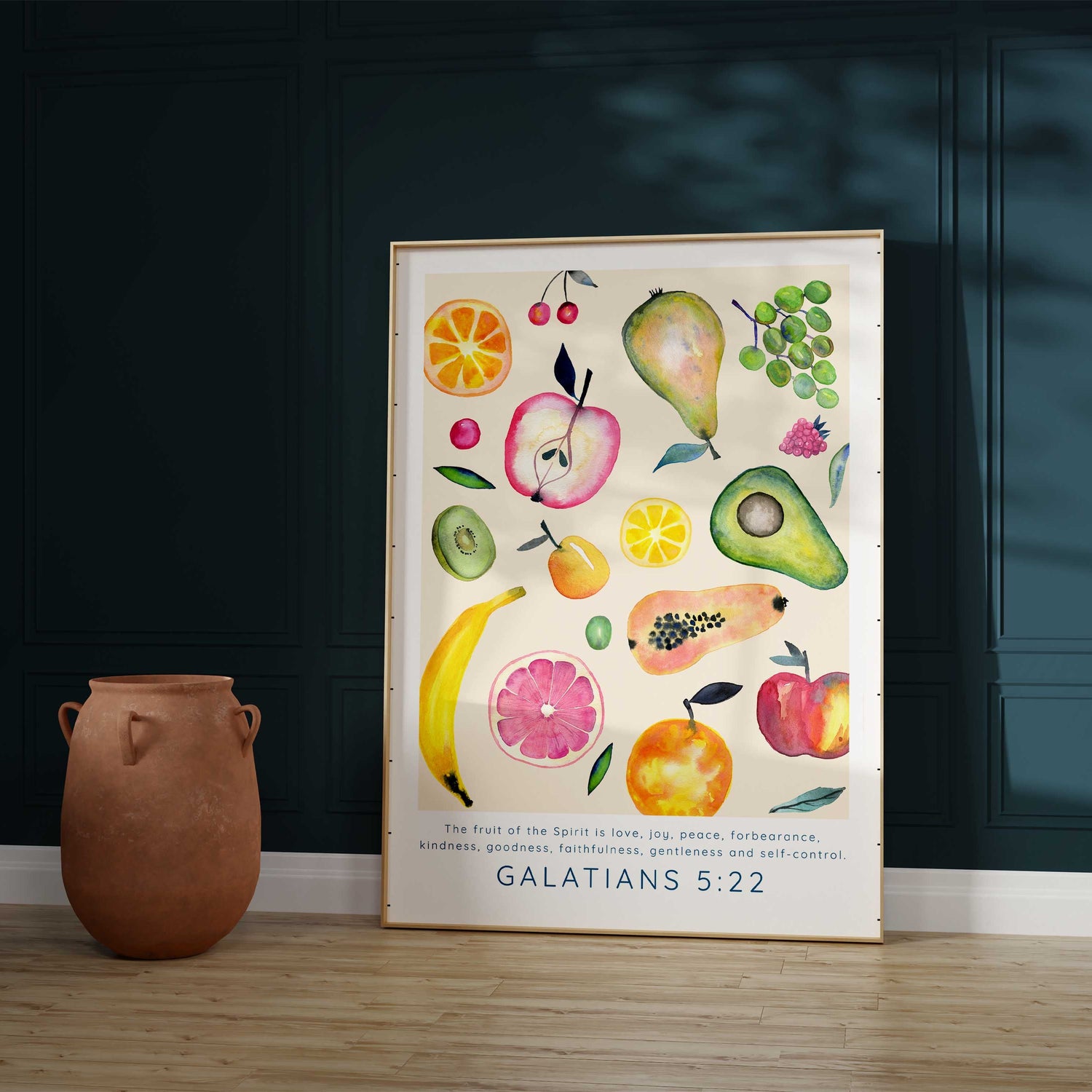 Fruit of the Spirit Nursery Bible Wall Decor, Watercolor Fruits of the Spirit Poster Print, Galatians 5:22 wall art for kitchen