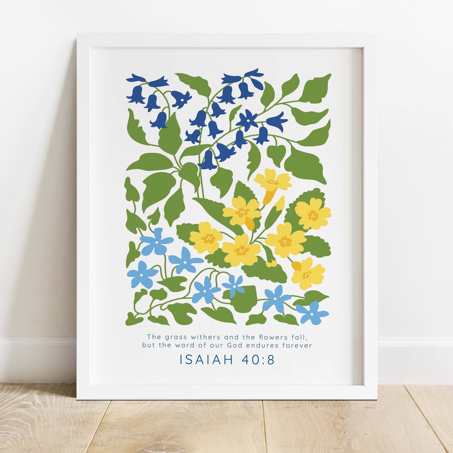 Floral scripture art: Isaiah 40:8 in blue and yellow, Inspiring floral print with everlasting Bible verse