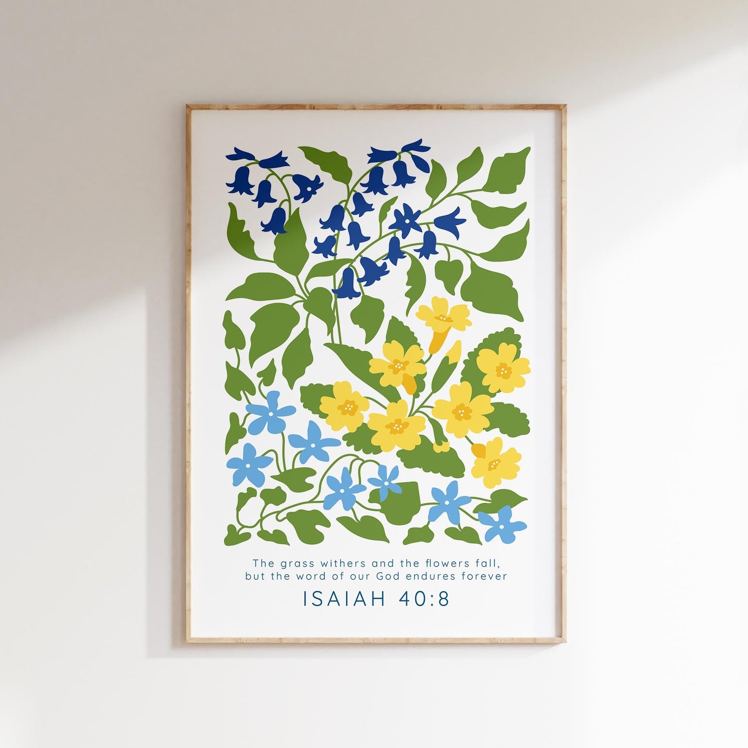Isaiah 40:8 floral Bible verse wall art, Blue and yellow floral scripture print, Christian faith floral quote art