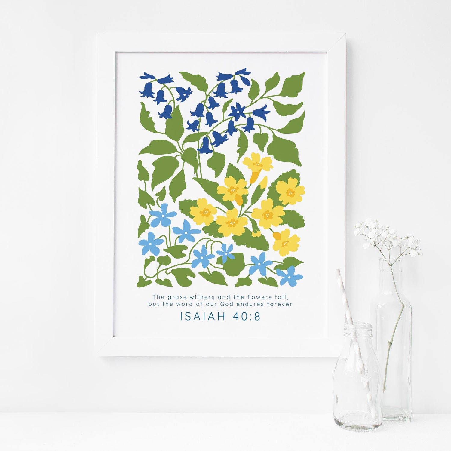 Nature-inspired Isaiah 40:8 quote poster, Floral design with enduring Bible verse, Whimsical floral Bible verse decor