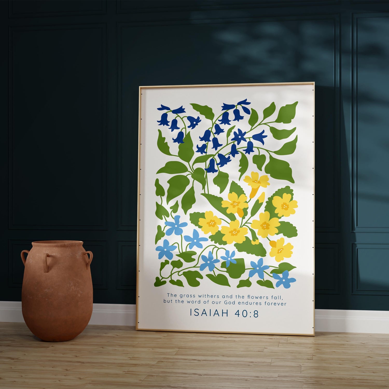 Isaiah 40:8 verse with delicate floral accents, God's enduring word in a floral print, Botanical-themed Isaiah 40:8 quote art