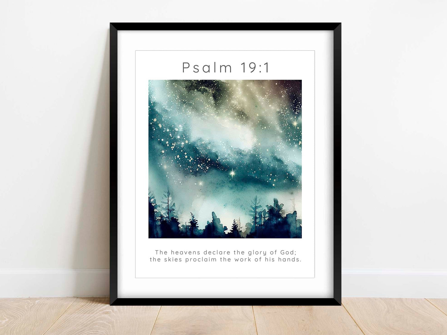 Personal sanctuary decor featuring Psalm 19:1, The beauty of God's hands in a night sky Bible print, starlit Psalm 19 1 wall art