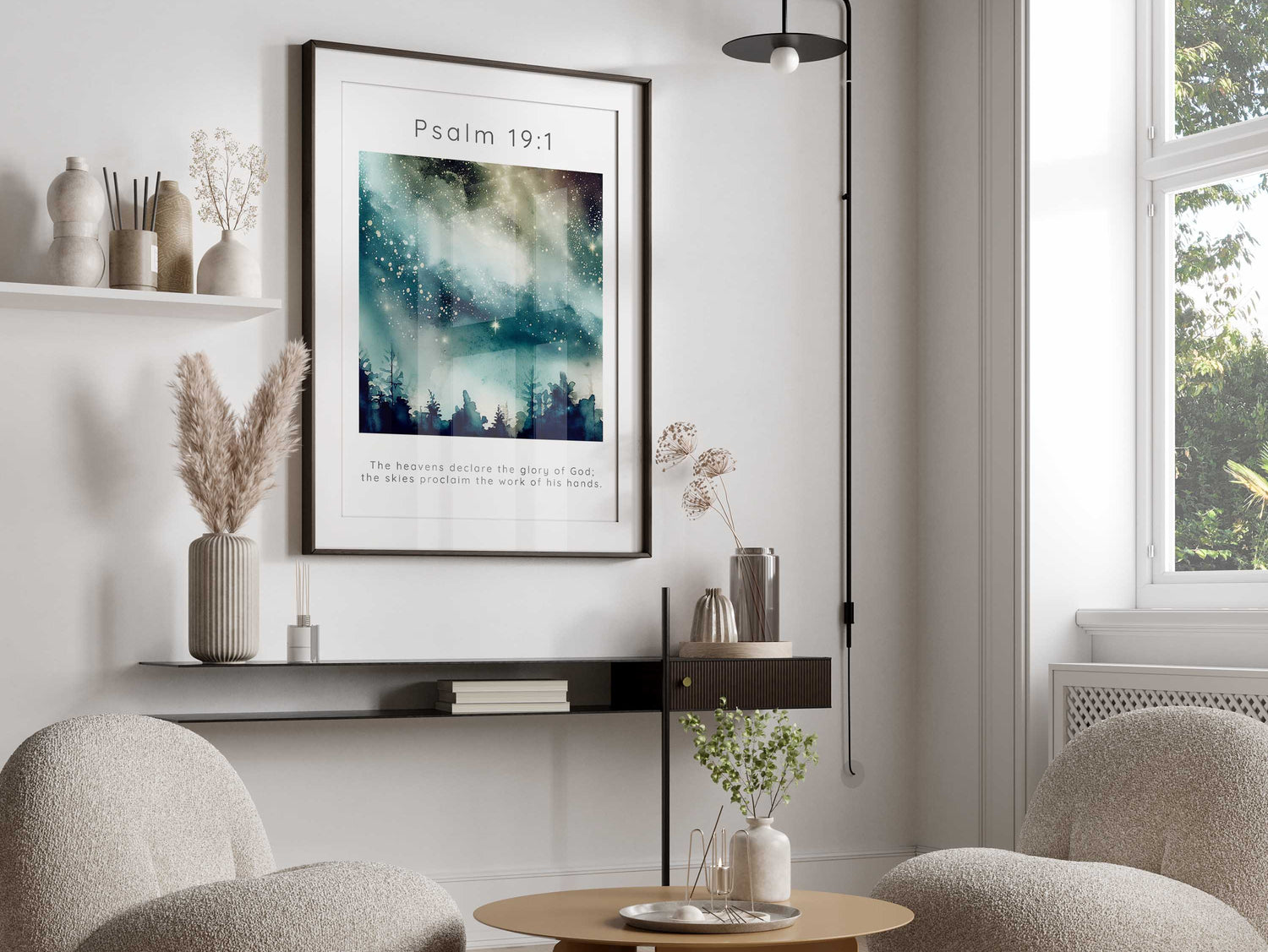 The majesty of God's creation in night sky scripture art, Meaningful gift: Psalm 19:1 watercolor starry print, Contemporary Christian print