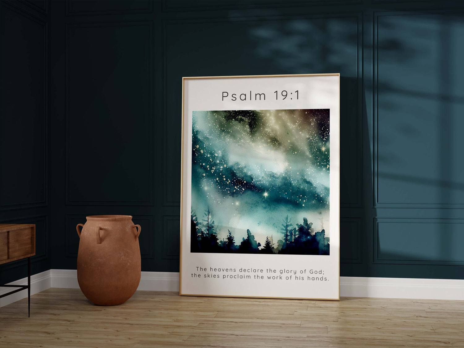 Celestial-inspired wall art with Psalm 19 1 reference, Christian home decor with "The Heavens Declare" theme
