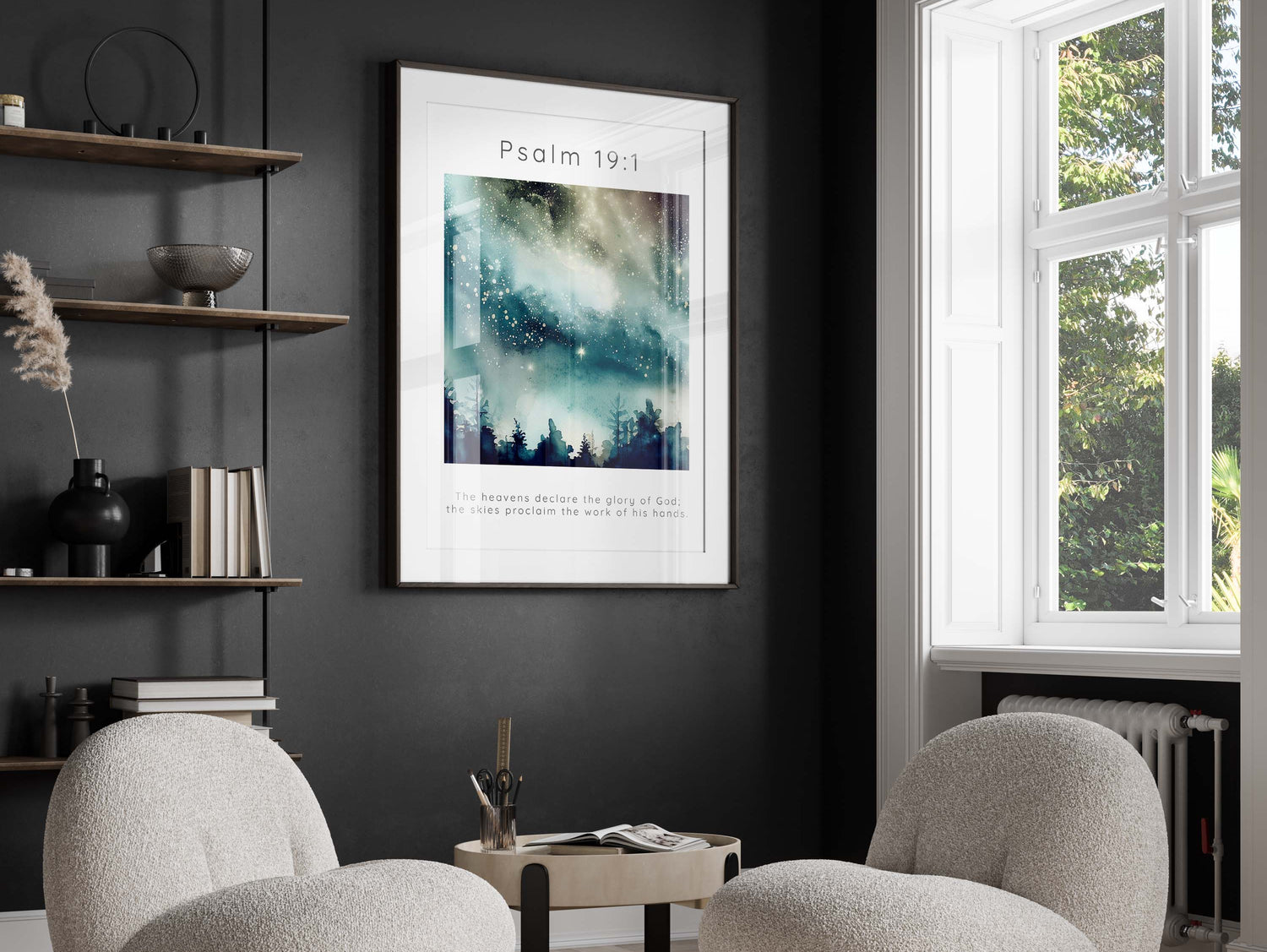Contemporary Christian living room decor inspiration, The intersection of faith and art in Psalm 19:1 print, Psalm 19 1 starry night print