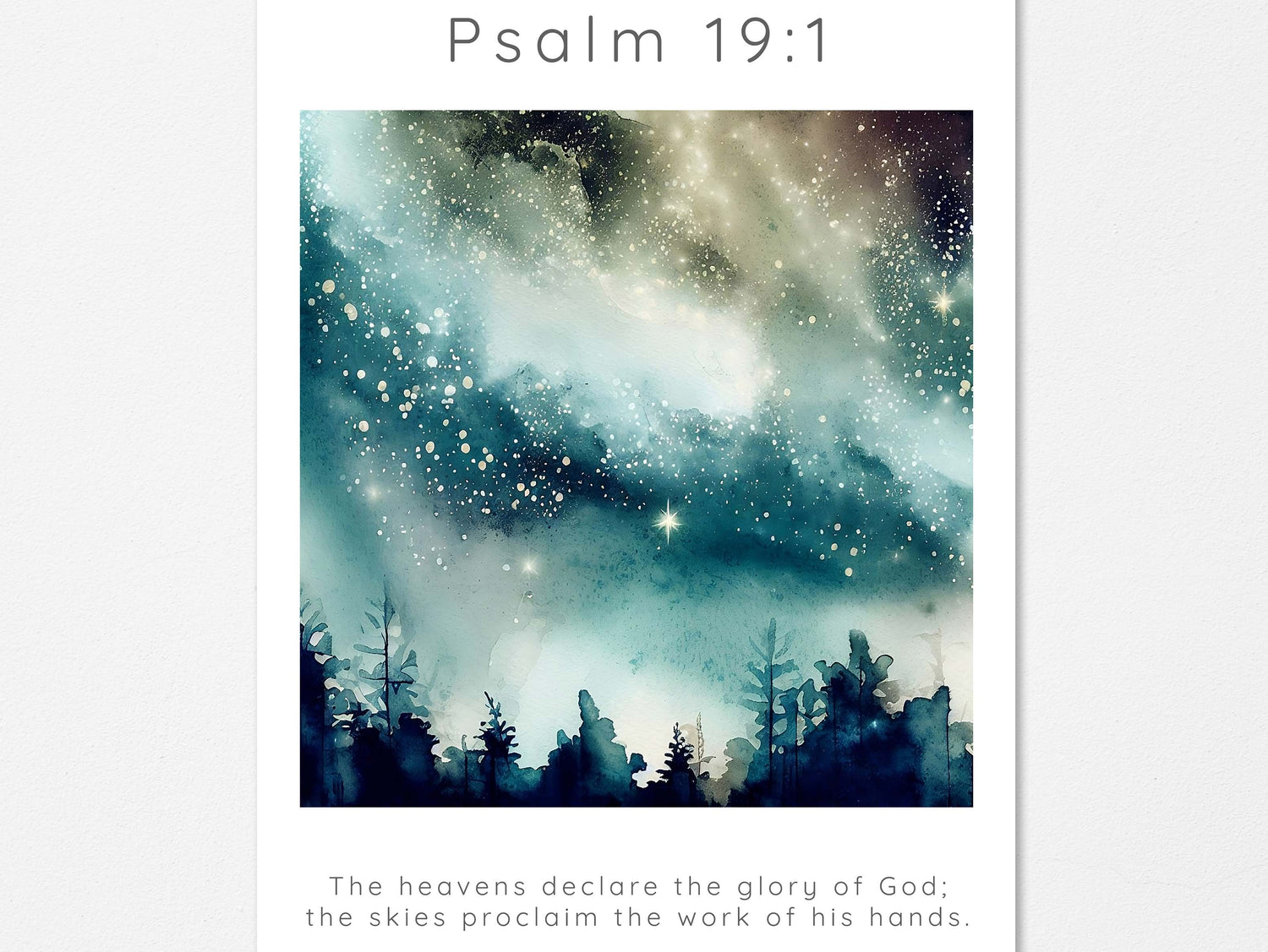 Watercolor night sky with "The Heavens Declare" quote, Christian home accents: Psalm 19 1 starry night print, christian sky print
