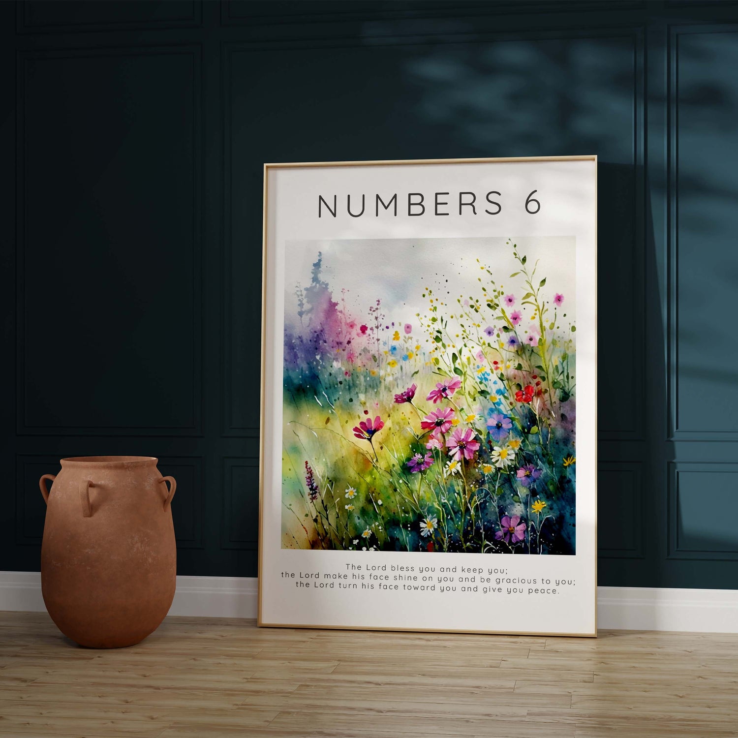 Nature-inspired wall art, Numbers 6:24-26 scripture in bloom. Divine meadow bloom: The Lord Bless You and Keep You Floral Art Print.