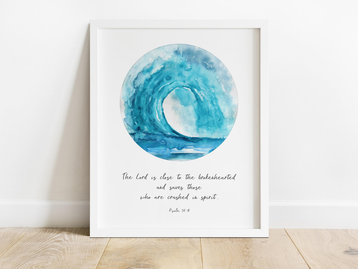 Watercolour turquoise wave Bible verse print, Psalm 34:18 wall art with comforting quote, 'The Lord is Close to the Brokenhearted'