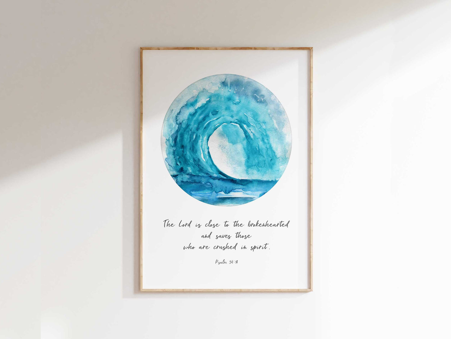 Christian home decor with Psalm 34:18, Bible verse print for broken hearts, Turquoise wave artwork with encouraging Scripture