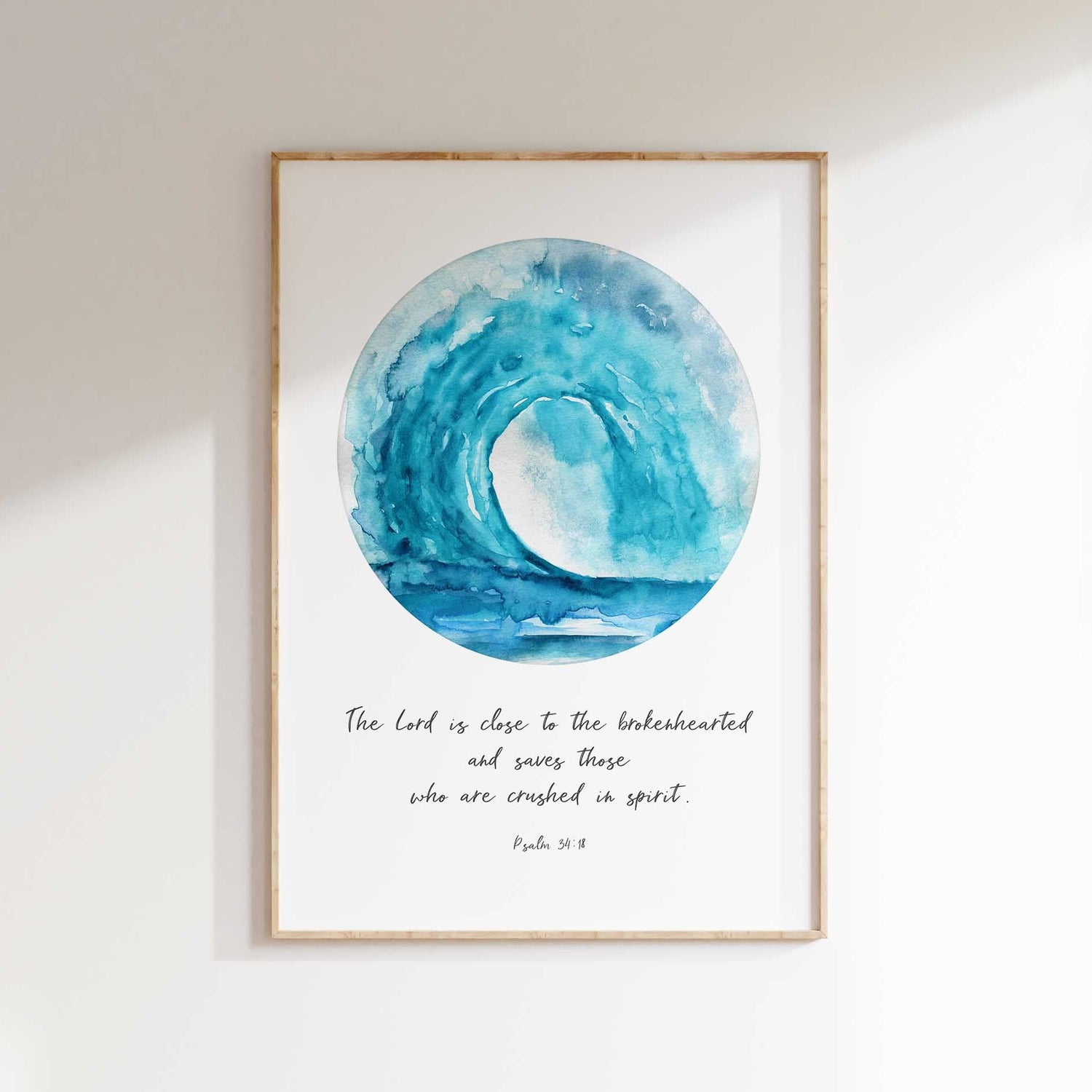Christian home decor with Psalm 34:18, Bible verse print for broken hearts, Turquoise wave artwork with encouraging Scripture