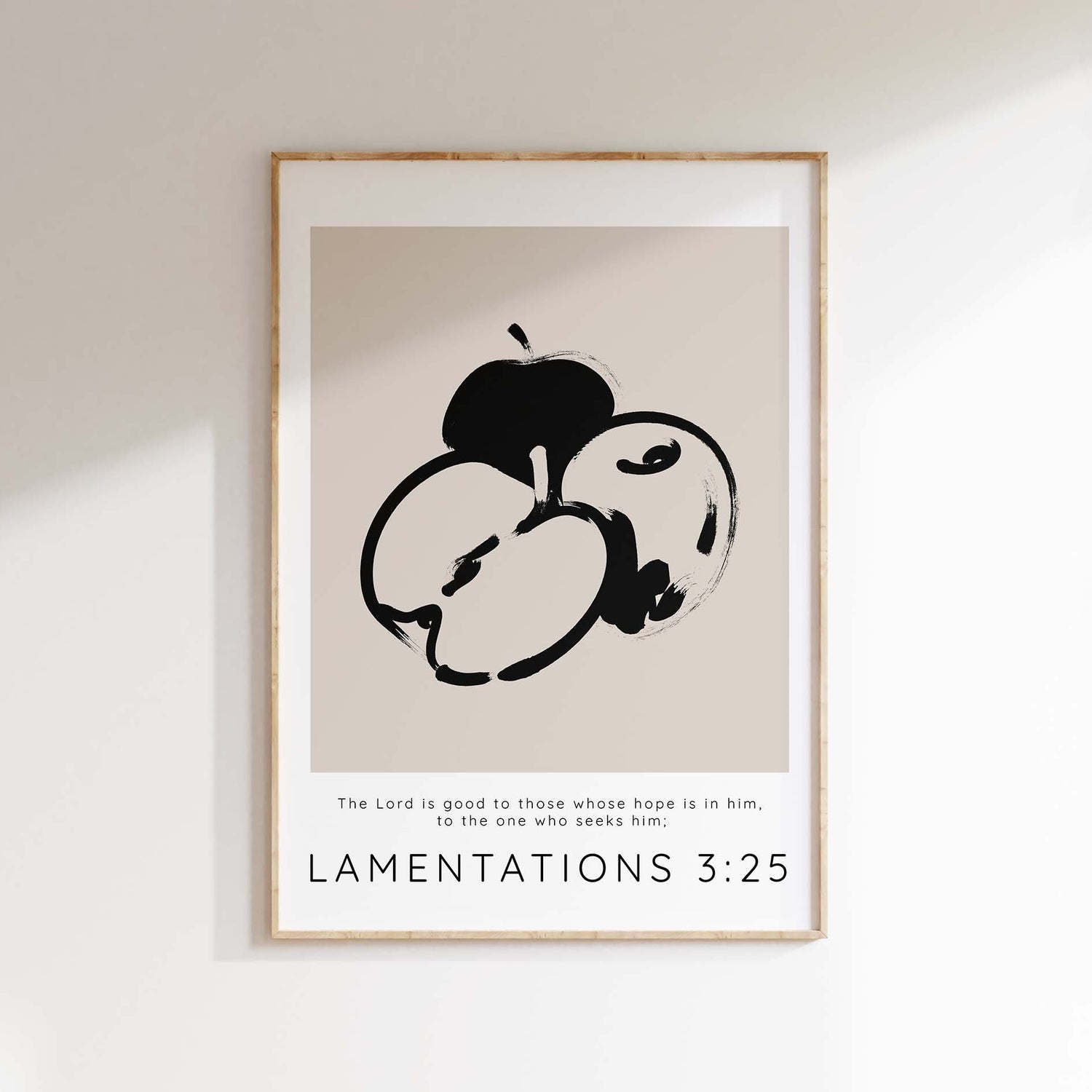 The Lord is Good Modern Christian Wall Art Print Lamentations 3 25 Poster, Lamentations 3:25 Bible verse print with apples