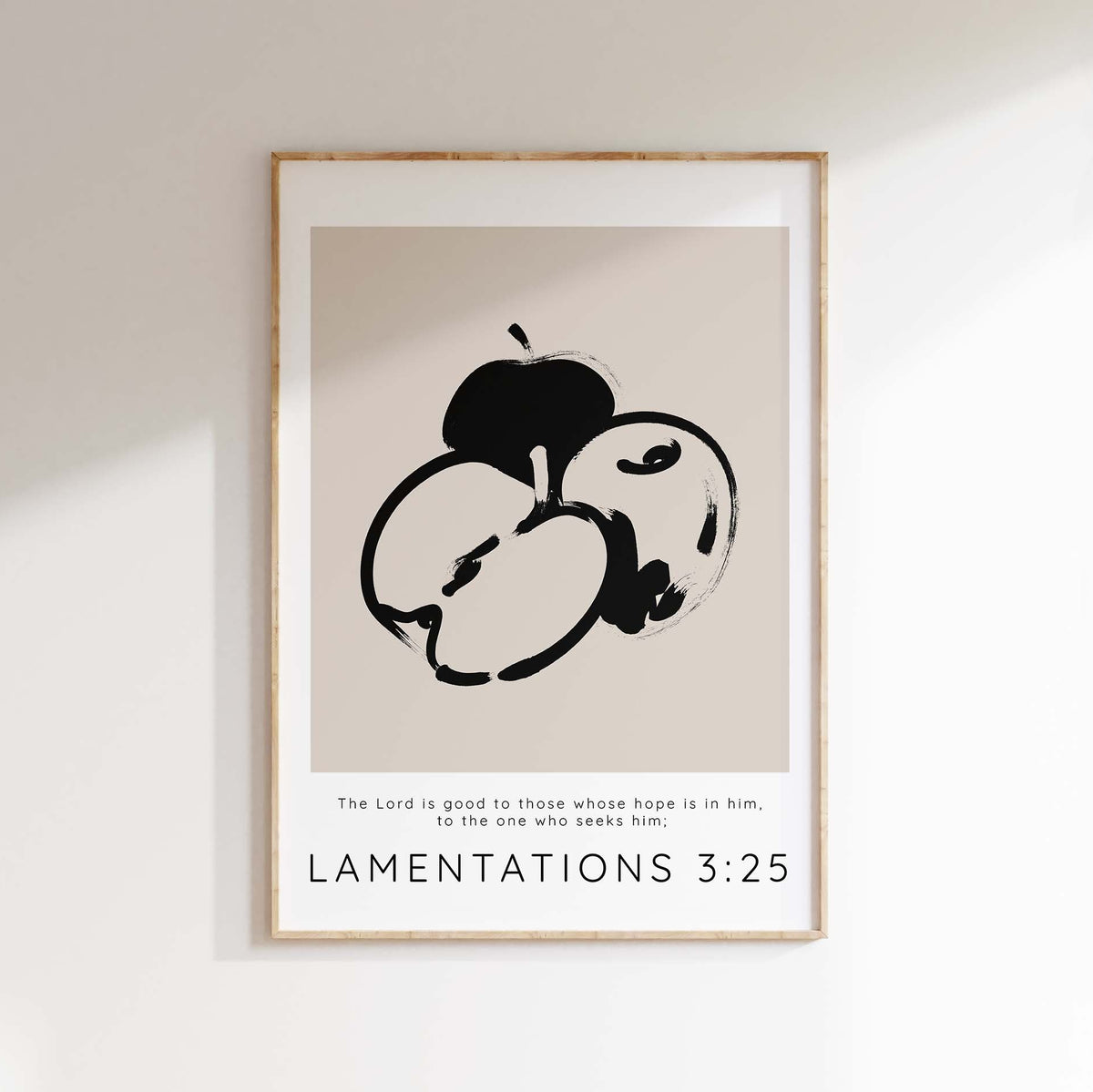 The Lord is Good Modern Christian Wall Art Print Lamentations 3 25 Poster, Lamentations 3:25 Bible verse print with apples