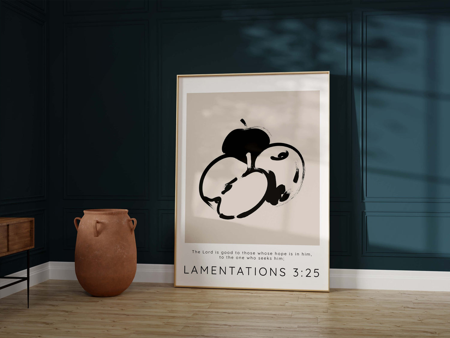 bible verse about hope and goodness, Line drawing of apples with scripture from Lamentations, Bible print for home decor