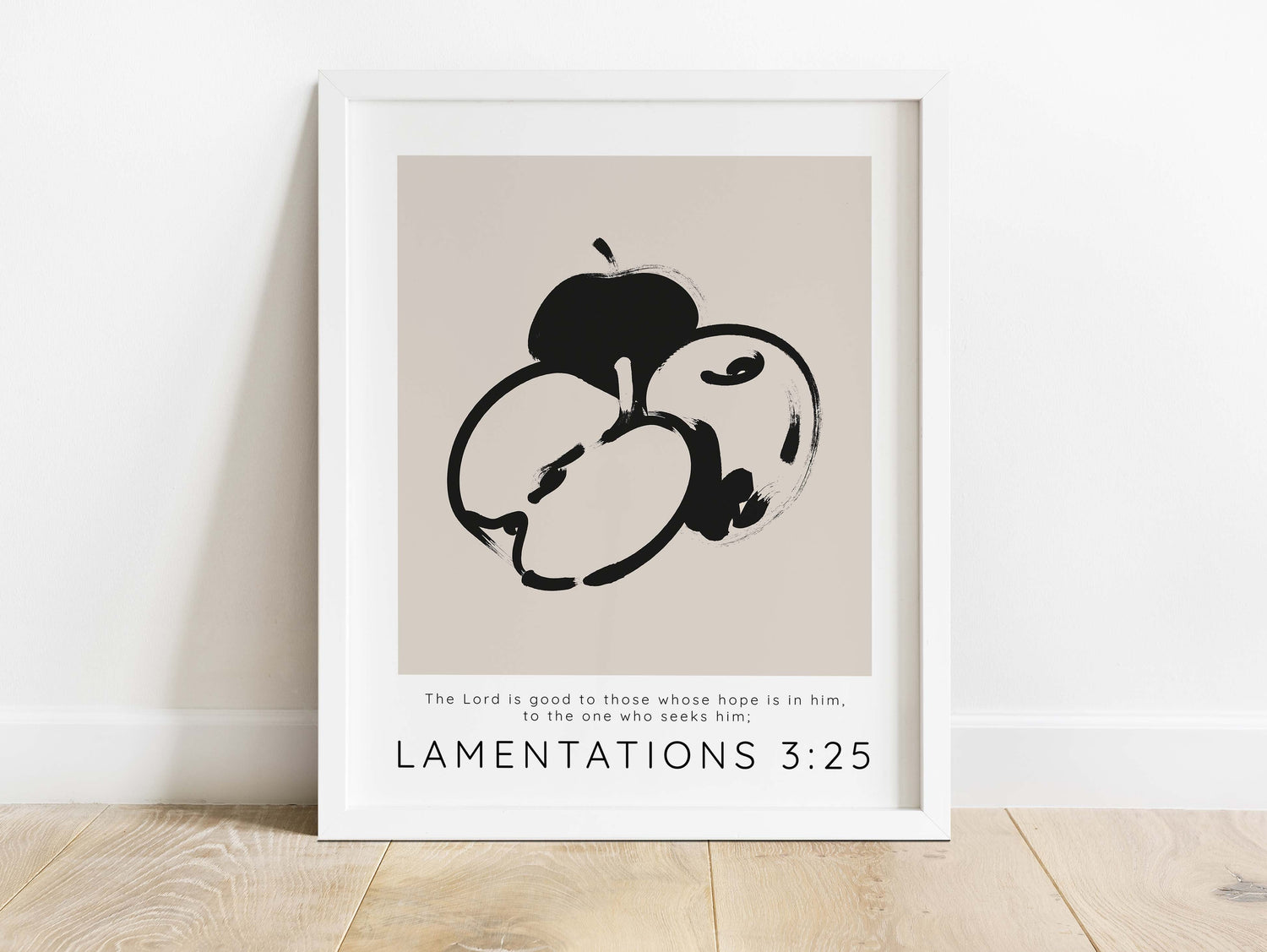 Christian wall decor, beige and black apples, faith-inspired, Bible quote artwork, Lamentations 3:25, modern Christian style