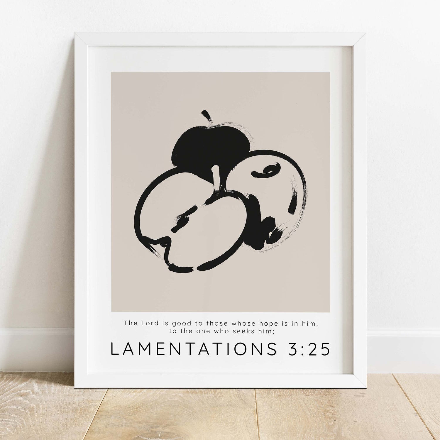 Christian wall decor, beige and black apples, faith-inspired, Bible quote artwork, Lamentations 3:25, modern Christian style