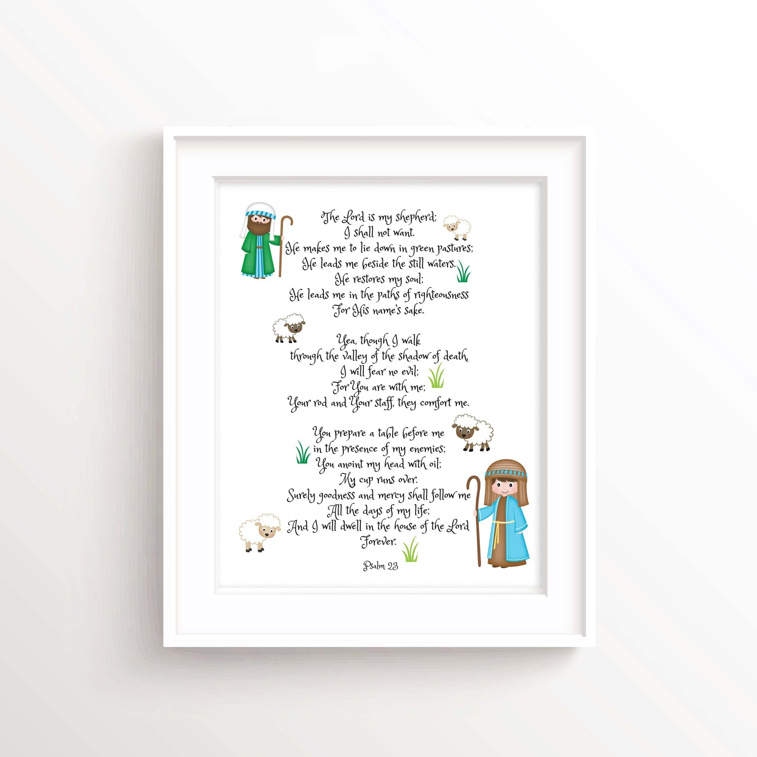 Psalm 23 kids print with shepherds and sheep, Bible verse nursery art Psalm 23 for children, The Lord is My Shepherd kids print