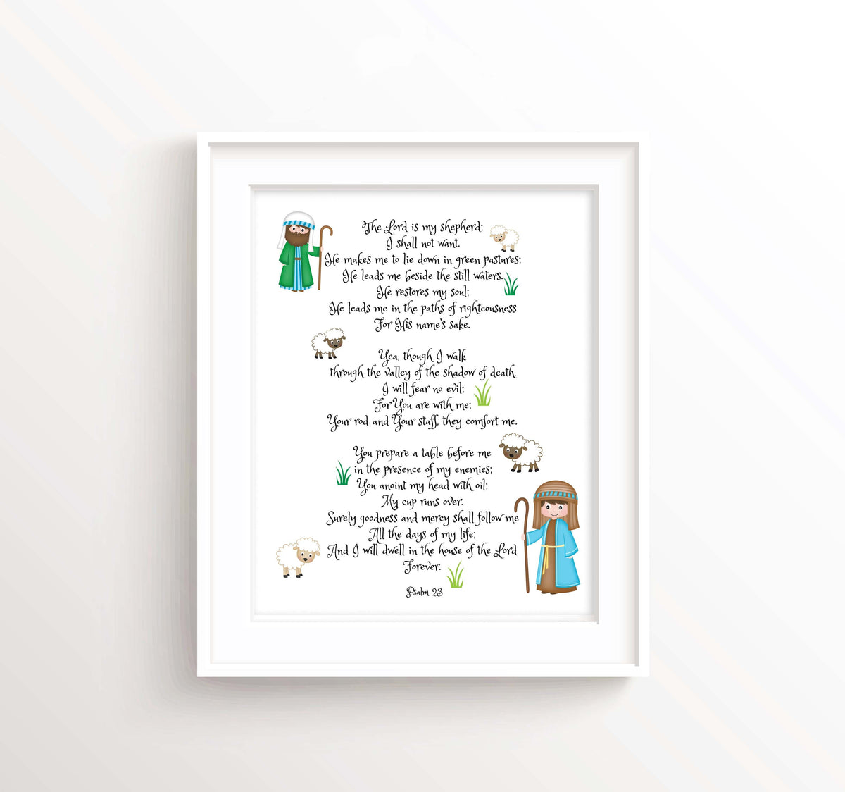 Psalm 23 - The Lord is My Shepherd Psalm 23 picture with illustrated shepherd and sheep characters and hand-lettered scripture verse.