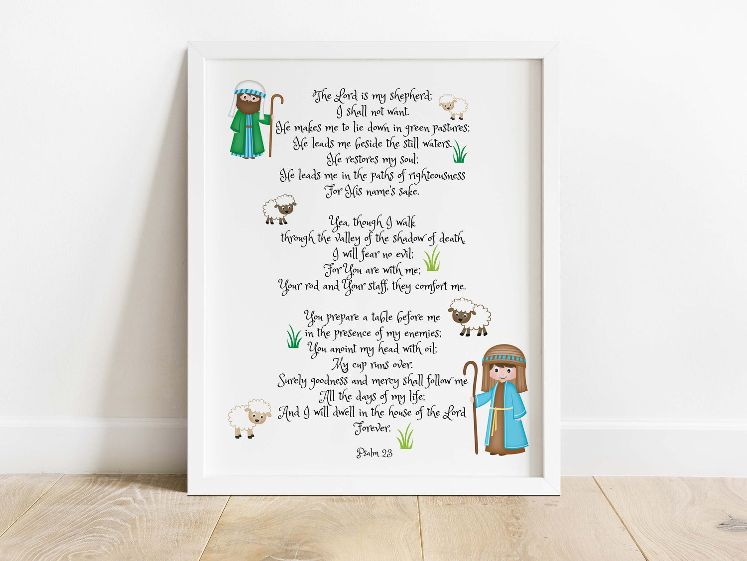 Psalm 23 kids print with shepherds and sheep, Bible verse nursery art Psalm 23 for children, The Lord is My Shepherd kids print