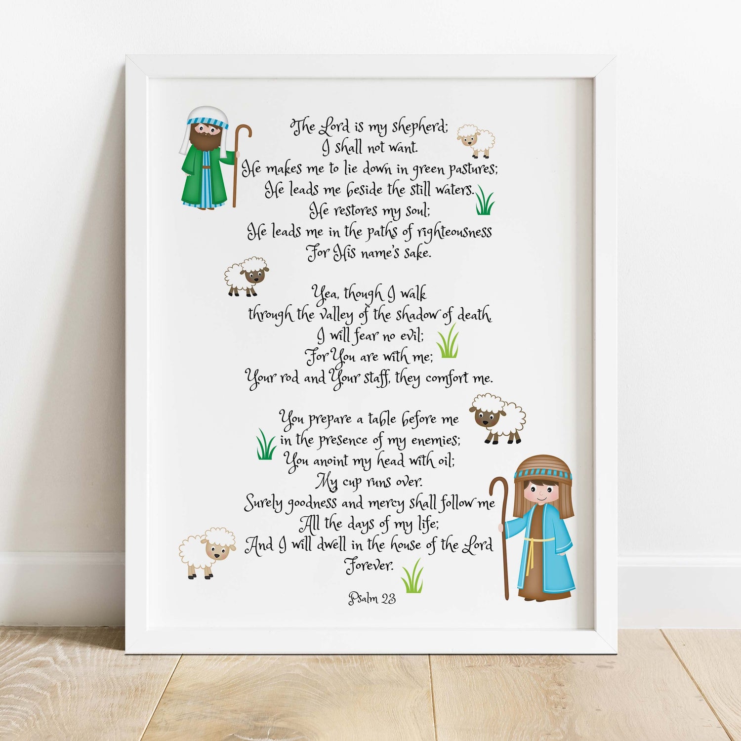Psalm 23 kids print with shepherds and sheep, Bible verse nursery art Psalm 23 for children, The Lord is My Shepherd kids print