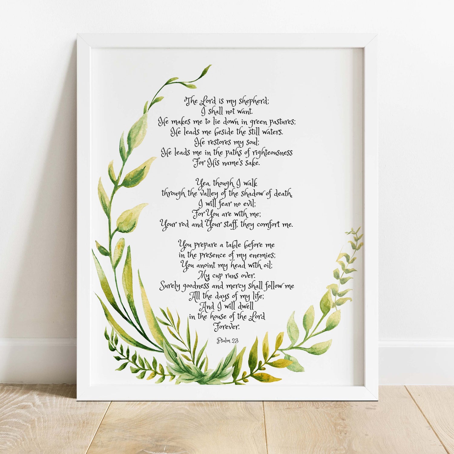 Psalm 23 verse print with delicate leaves, Biblical verse art with botanical accents, Christian home decor with Psalm 23 and greenery