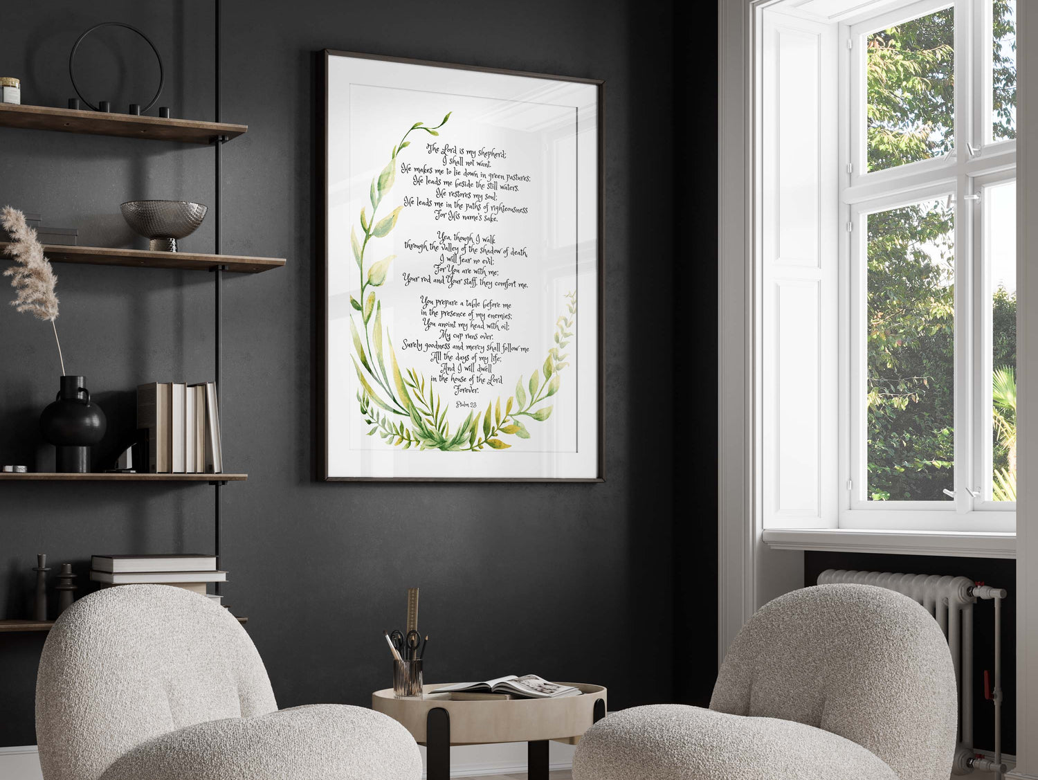 Bible verse wall art with blooming botanicals, Psalm 23 in a botanical garden print, Christian artwork inspired by Psalm 23 and nature