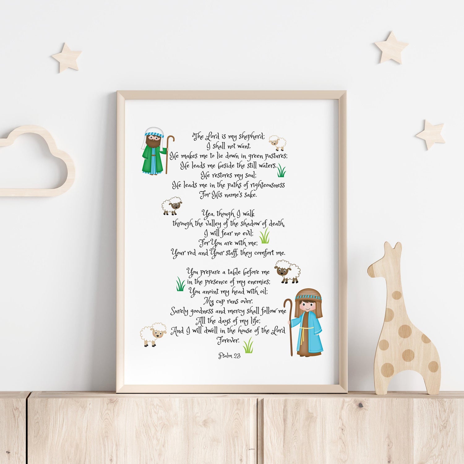 Bible verse print for kids - Psalm 23, Psalm 23 nursery wall art with shepherds, Kids Bible verse print - The Lord is my shepherd