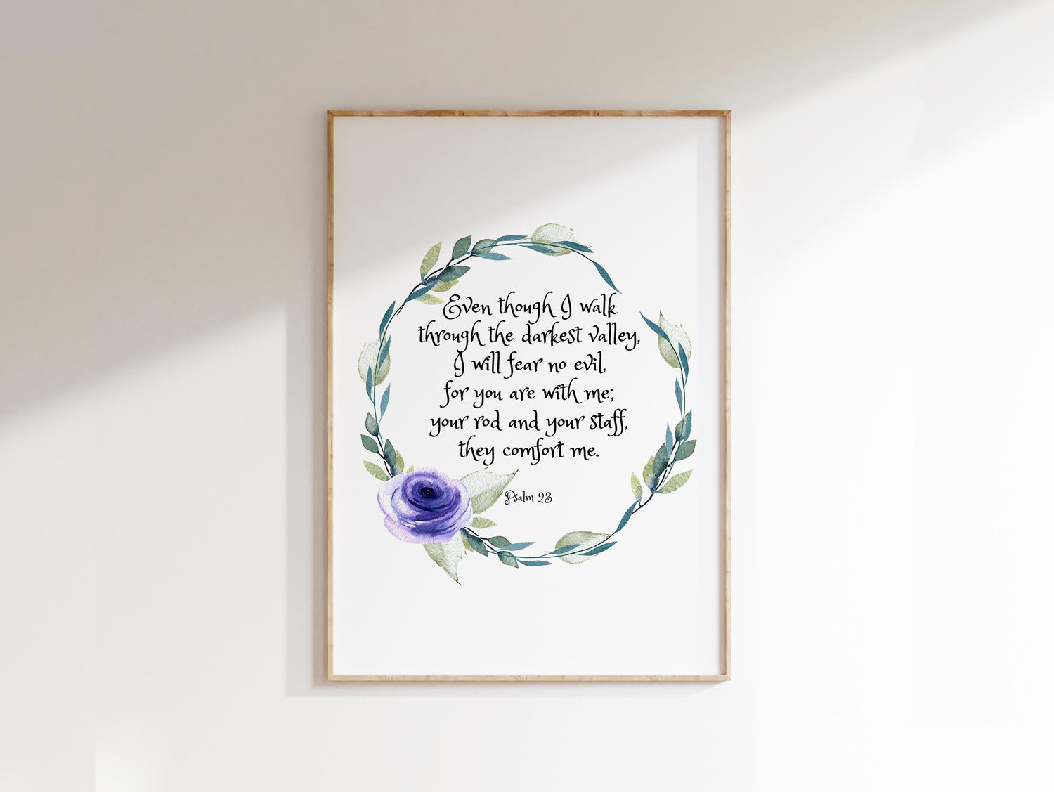 Psalm 23 Wall Art, Even Though I Walk Through The Valley Wall Art, Minimalist floral wreath Bible verse print Psalm 23:4