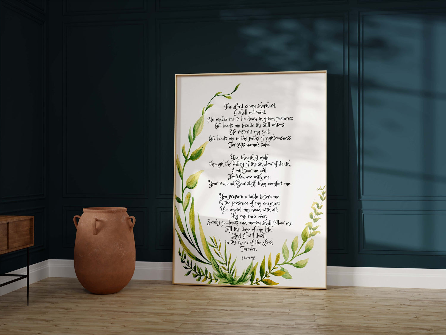 Bible verse art with floral Psalm 23 design, Nature-inspired Psalm 23 scripture print, Elegant botanical Psalm 23 wall decor