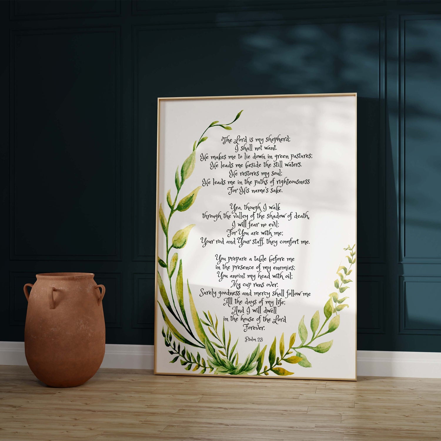 Bible verse art with floral Psalm 23 design, Nature-inspired Psalm 23 scripture print, Elegant botanical Psalm 23 wall decor