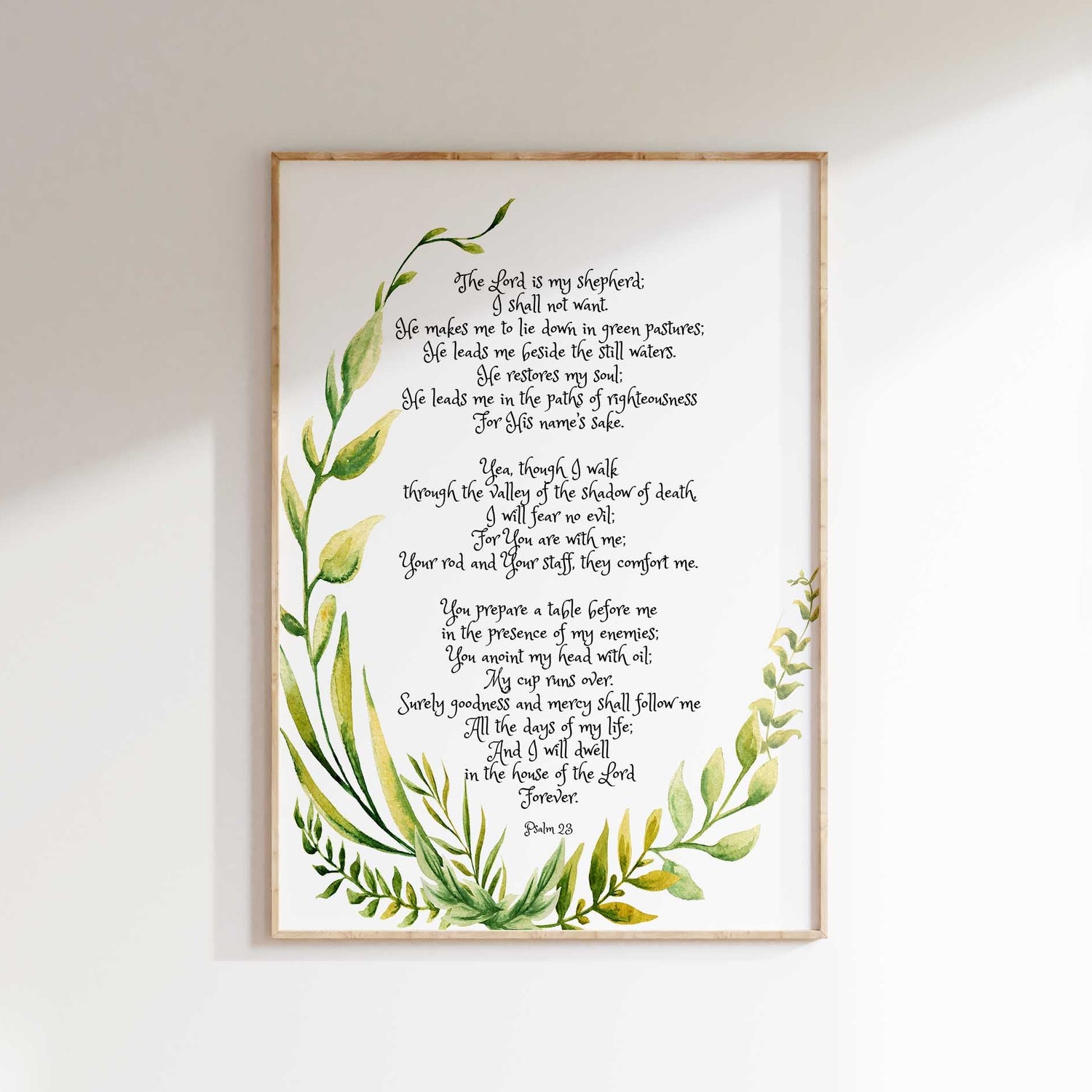 Psalm 23 Wall Art, The Lord is My Shepherd Print, botanical Bible Verse Print, Psalm 23 botanical print with lush greenery