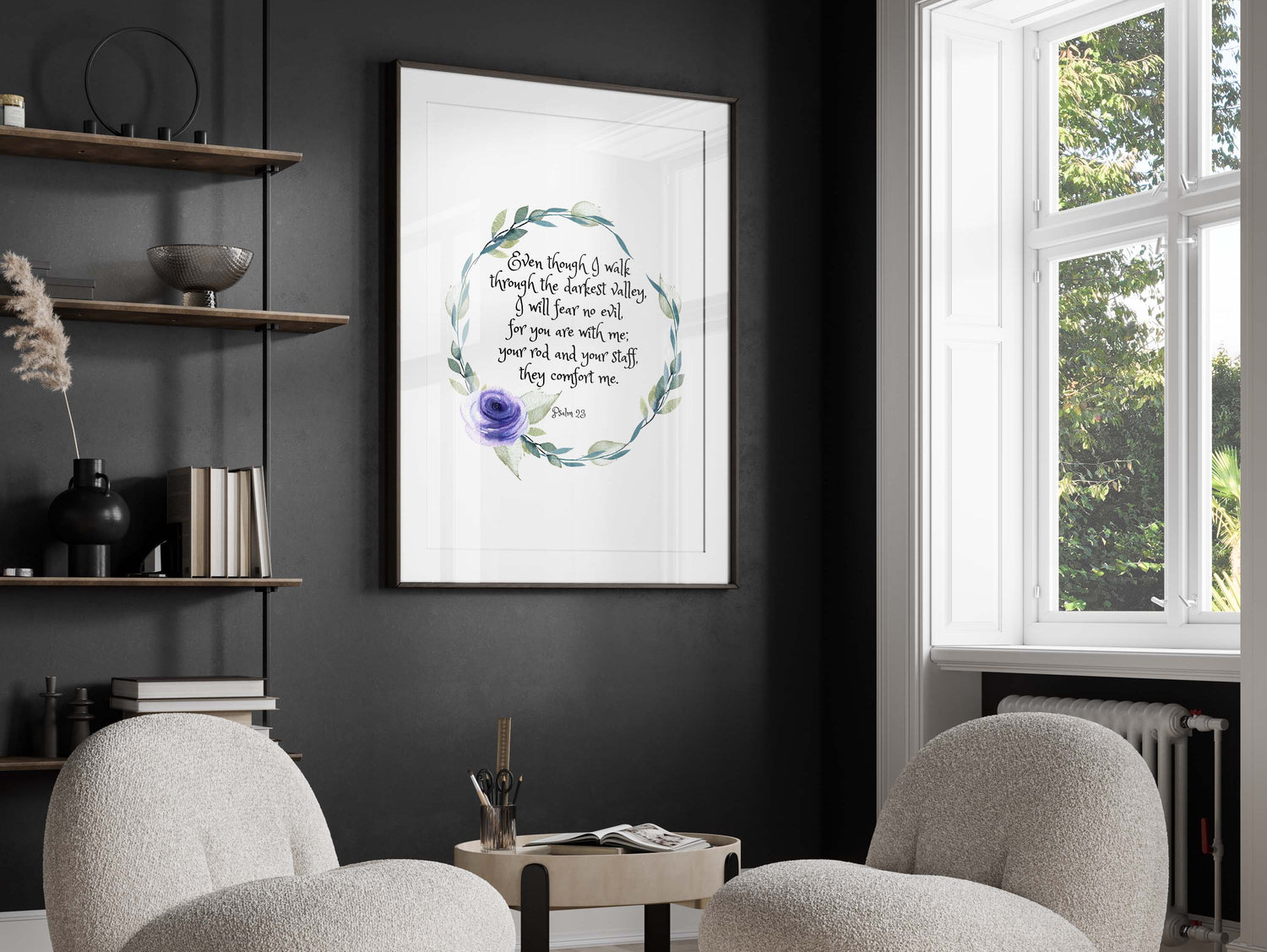 Timeless wisdom art for home with Psalm 23:4, Inspirational scripture in minimalist floral design, Beautiful Psalm 23:4 print
