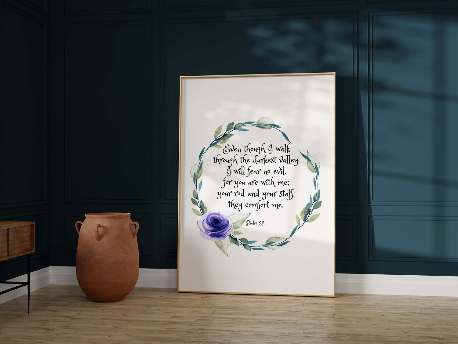 Versatile floral wreath artwork for gallery walls, Graceful floral wreath Christian scripture print, Beautiful Psalm 23:4 print